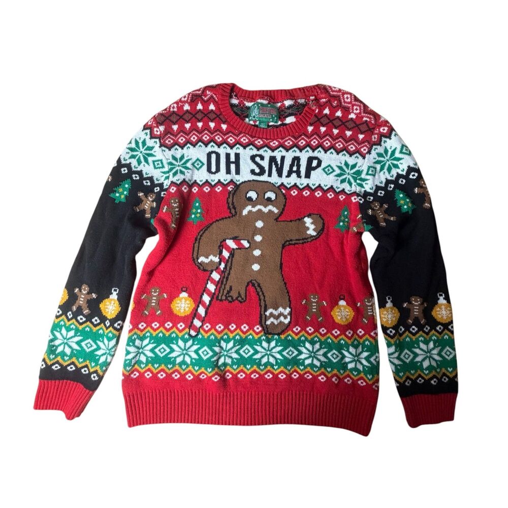 "Oh Snap!" Gingerbread Man Ugly Christmas Holiday Festive Kitschy Sweater Large